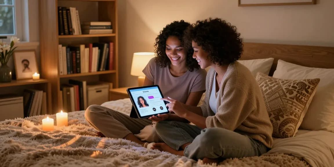 Couple exploring sex AI relationship apps in modern bedroom.