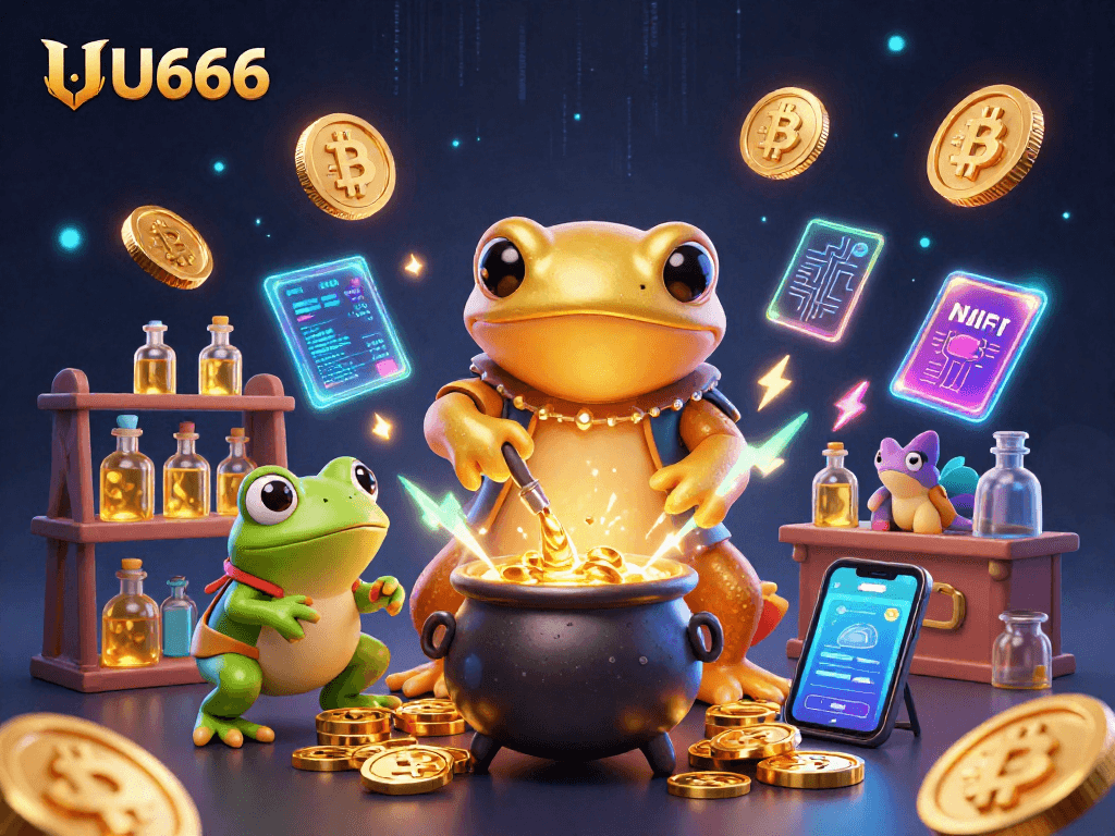 Experience the excitement of UU666 with a dazzling scene of a golden salamander alchemist creating wealth in a rich digital casino.