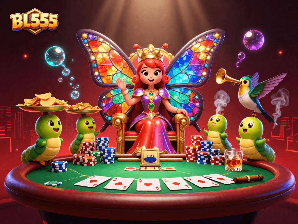 Experience the thrill of BL555's dynamic casino scene with a vibrant 3D butterfly queen and poker elements.
