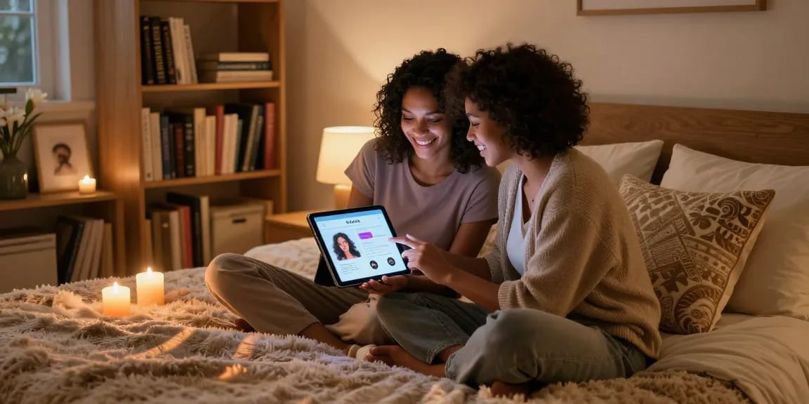 Couple exploring sex AI relationship apps in modern bedroom.
