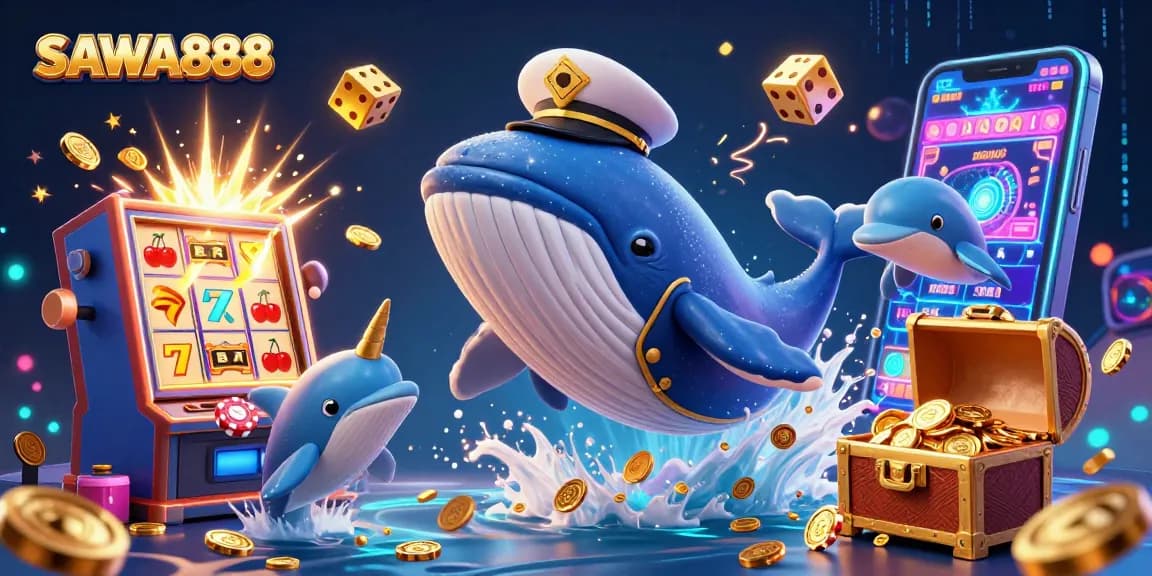 Spin and win at SAWA888 with a whale captain and golden coins bursting from a jackpot!