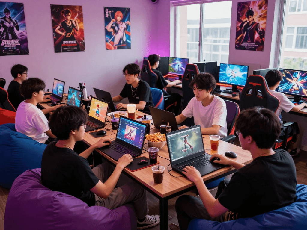 Group of friends enjoying engaging hentai games in a vibrant gaming lounge setting, colorful environment with snacks and devices.