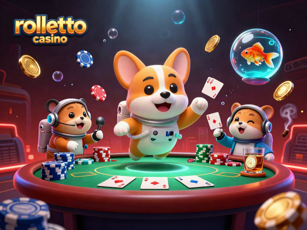 Experience rolletto casino with an astronaut corgi amidst floating poker chips in a vibrant space station.