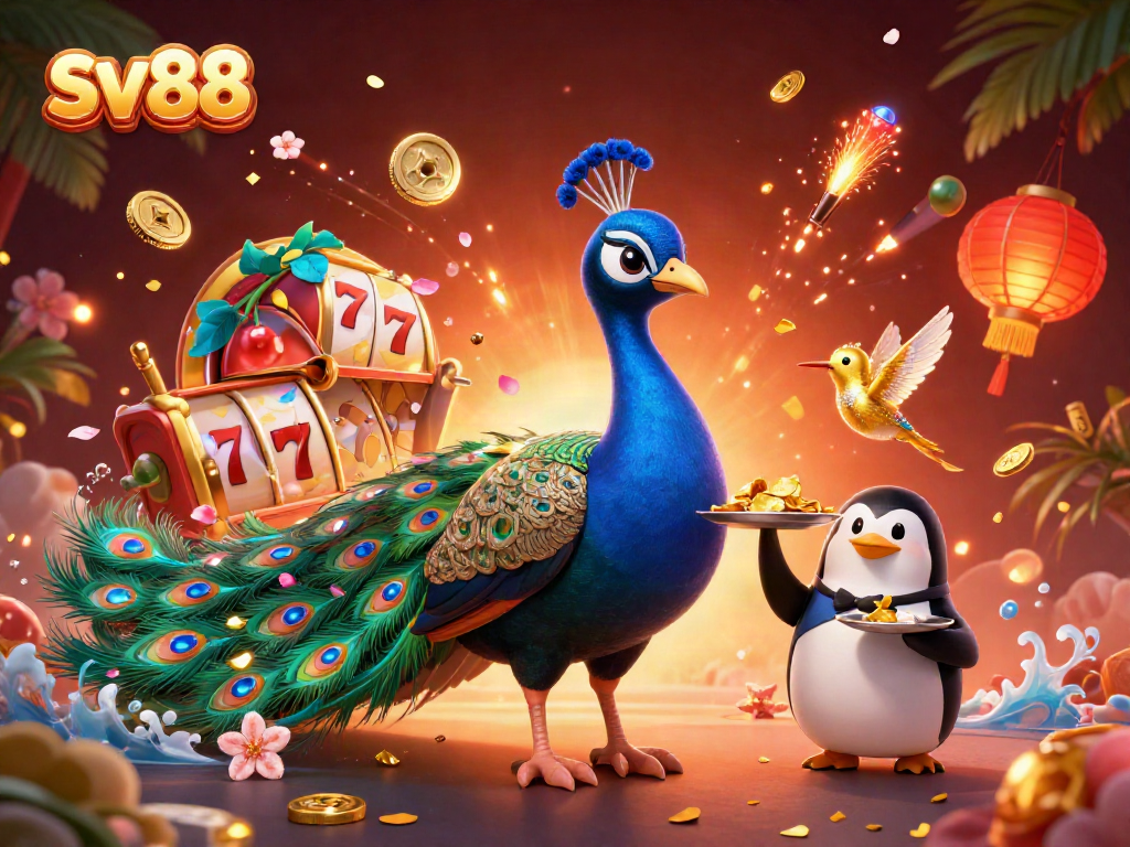 Experience thrilling gameplay at sv88 with a mesmerizing 3D peacock, vibrant slot machines, and festive decorations.