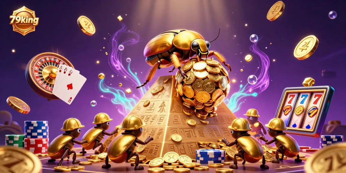 Experience the thrill of 79king with a captivating illustration of beetles and casino symbols.