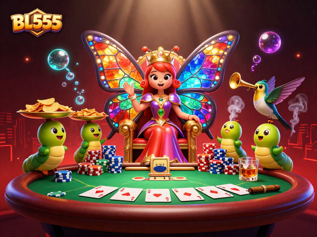 Experience the thrill of BL555's dynamic casino scene with a vibrant 3D butterfly queen and poker elements.