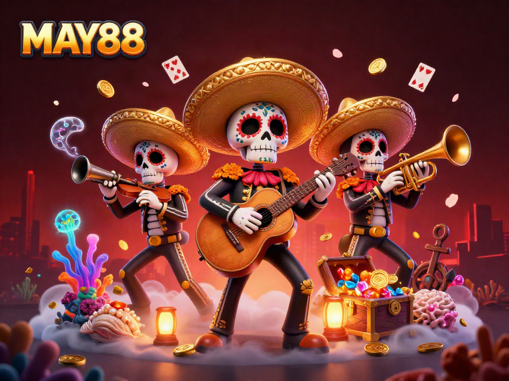 Experience exciting gameplay at MAY88 with vibrant casino elements and animated mariachi band.