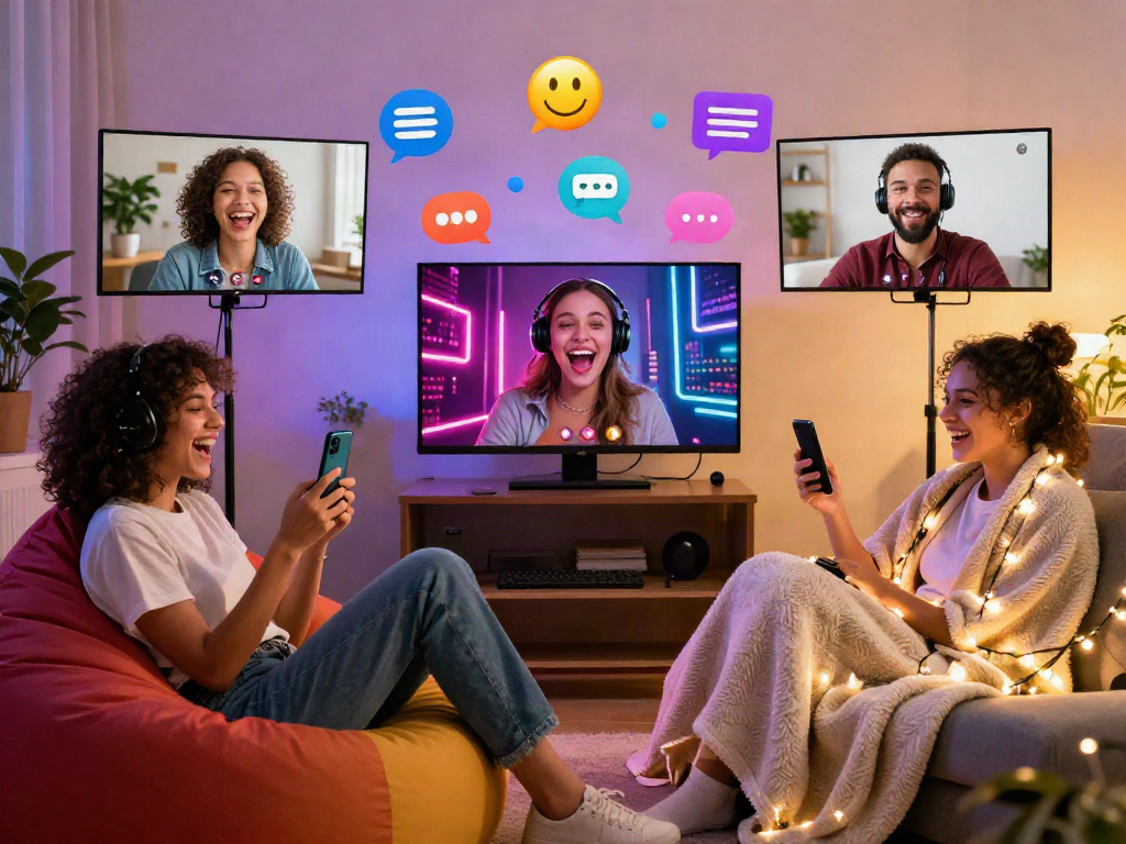 Engaging sexchat scene with diverse participants enjoying a lively virtual conversation in colorful settings.