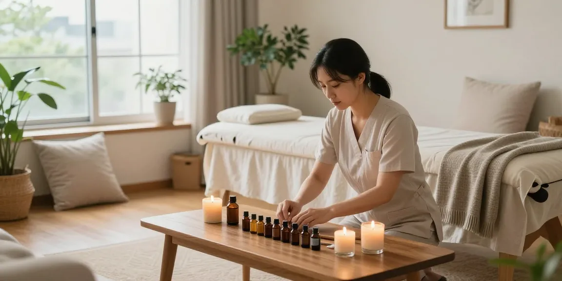 Preparing for a 강남출장마사지 in a tranquil home setting with soothing oils and candles.