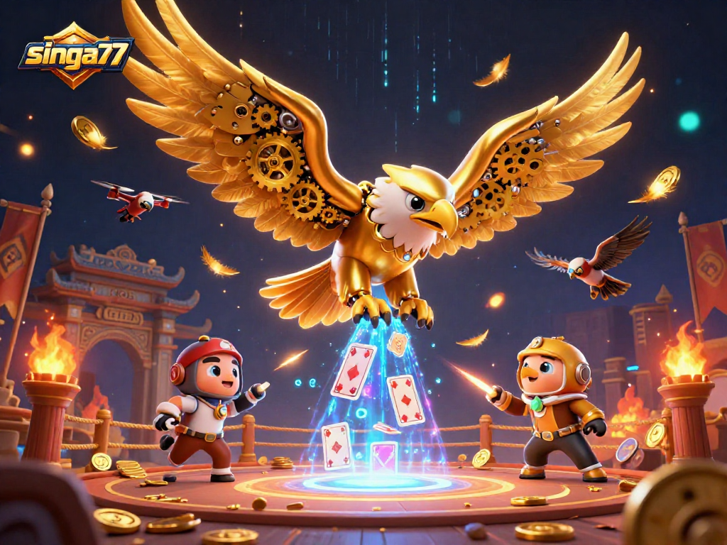 Singa77 showcases excitement with a cybernetic eagle navigating holographic cards amidst a rich casino scene.
