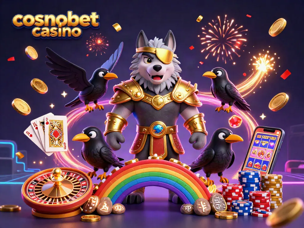Experience the excitement of cosmobet casino with a vibrant 3D illustration showcasing festive game elements and characters.