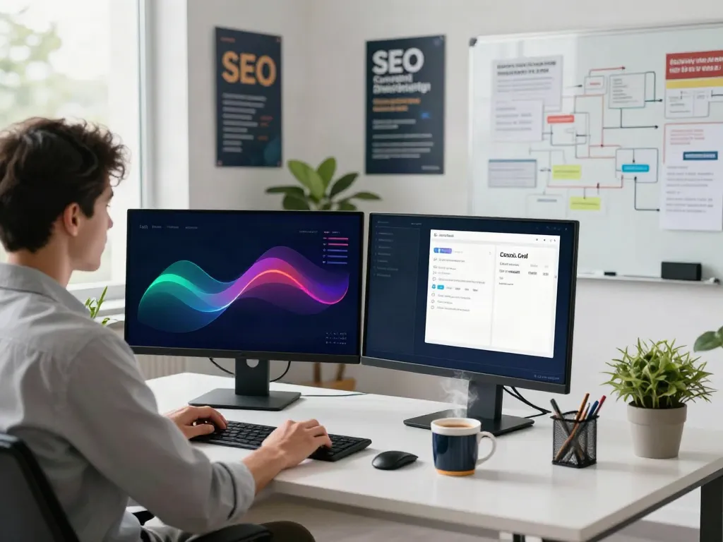Content strategist optimizing instant indexing in a modern marketing office.