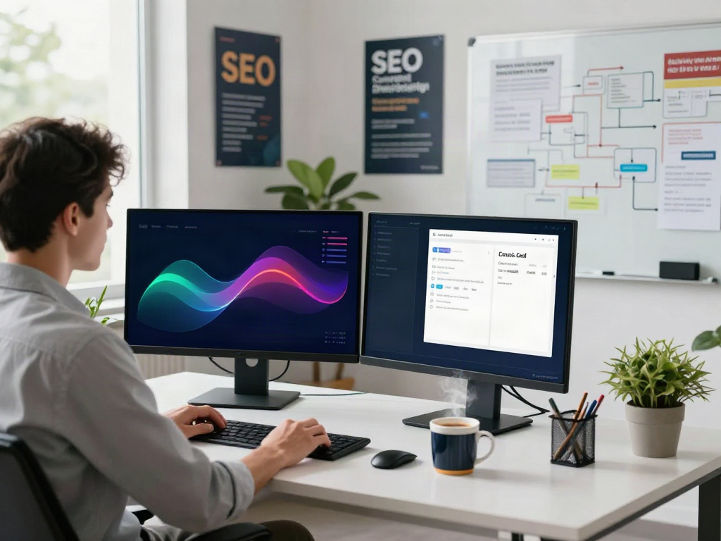 Content strategist optimizing instant indexing in a modern marketing office.