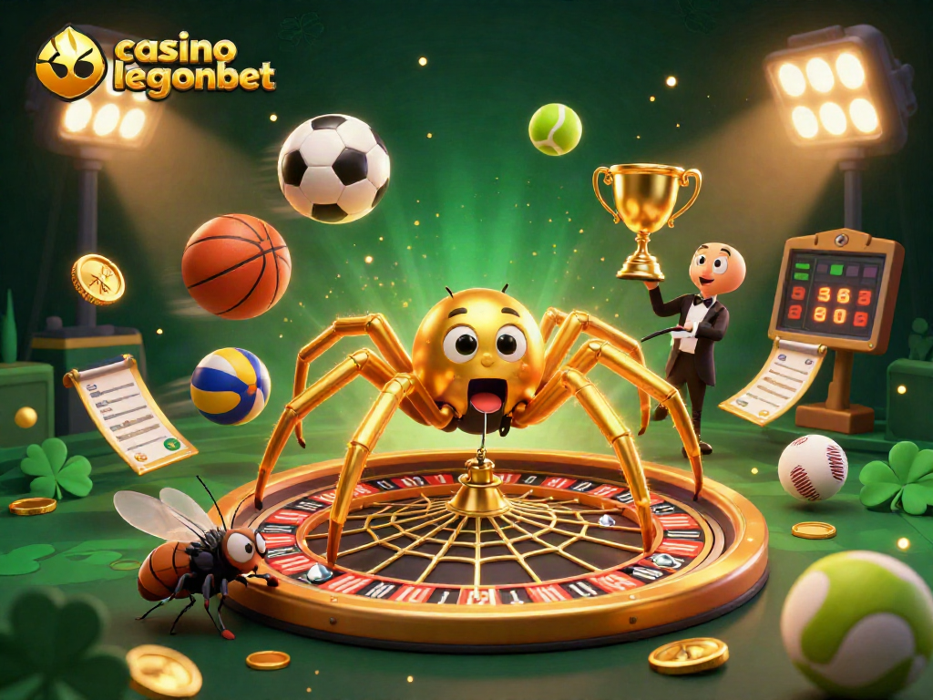 Engaging scene showcasing casino legionbet with a golden spider spinning a roulette web and dynamic sports elements.