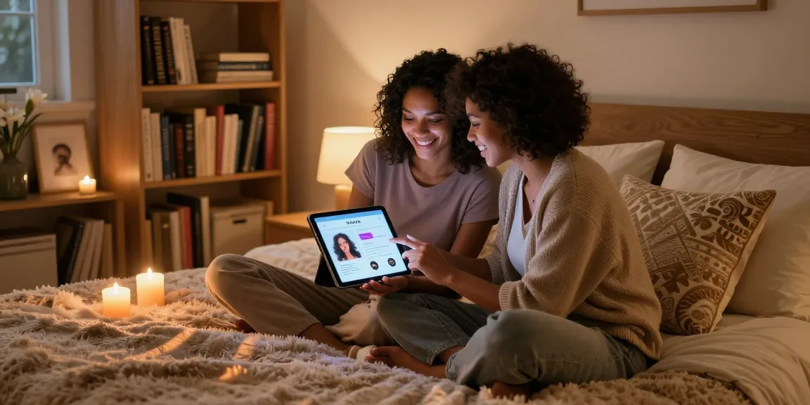 Couple exploring sex AI relationship apps in modern bedroom.