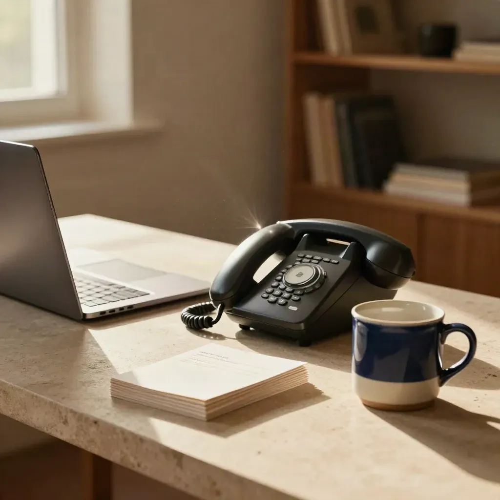 Sunlit back-office reply setup with laptop, phones, reply cards and a mug on pale stone.