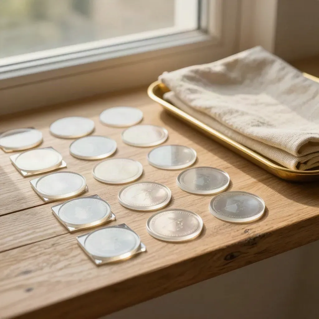 Trust badge tiles, seal stickers, linen cloth and brass tray on bleached wood shelf.