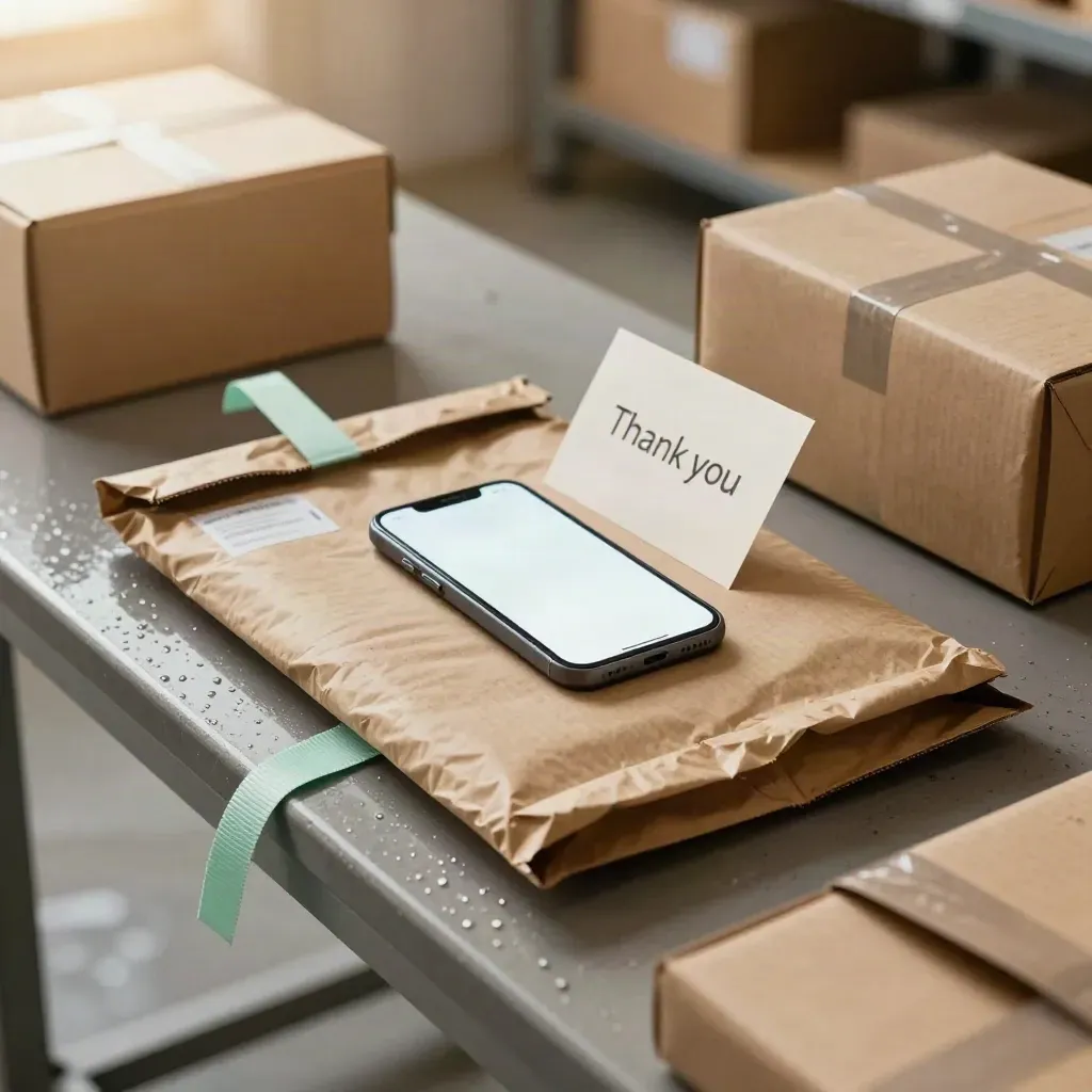 Parcel bench with open mailer, phone, boxes, mint strap, and rain beads.