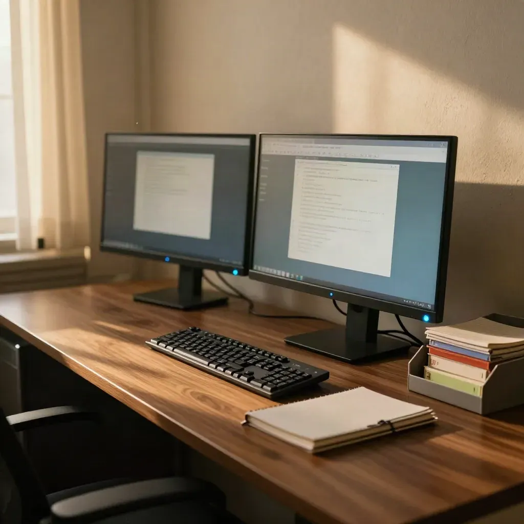 Two angled screens, keyboard, notebooks and inbox trays on a warm agency desk at dusk.