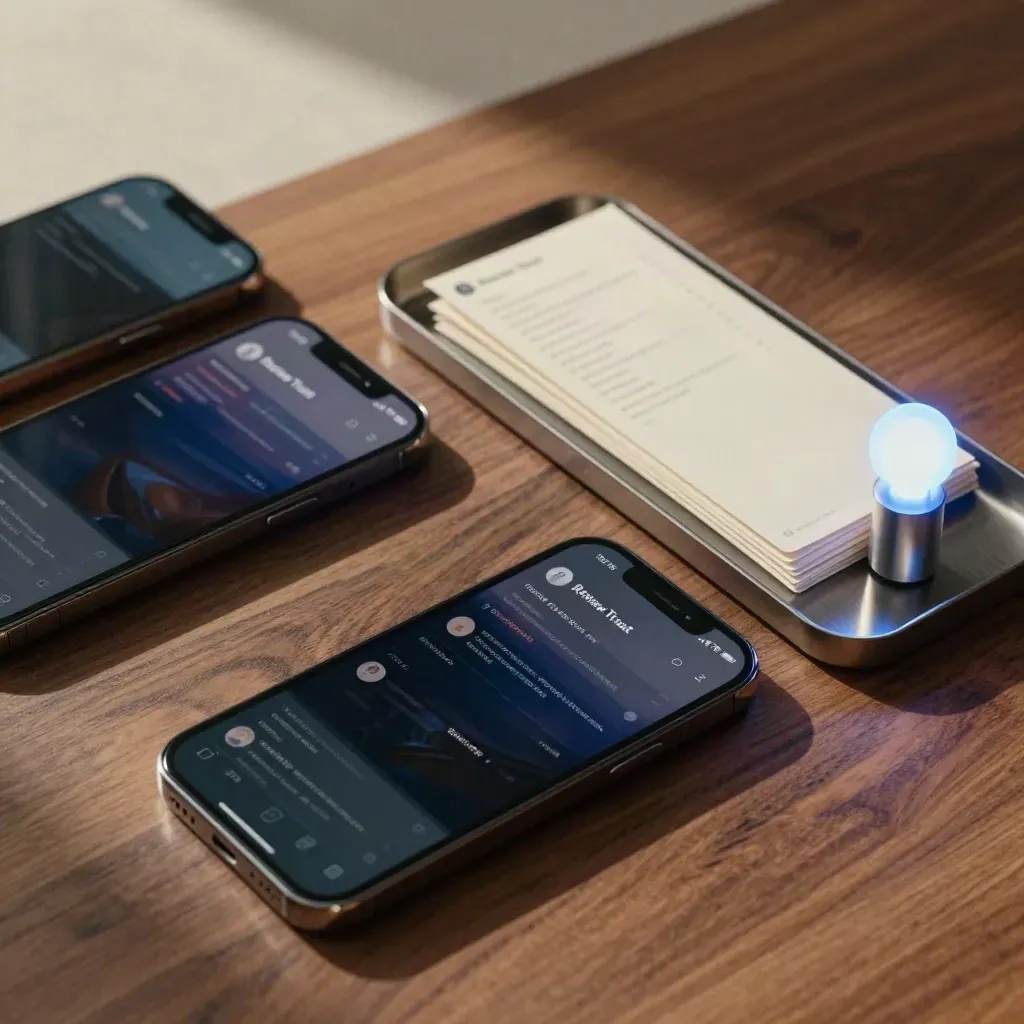 Top-down phones and reply tabs under a blue notification lamp on a walnut surface.