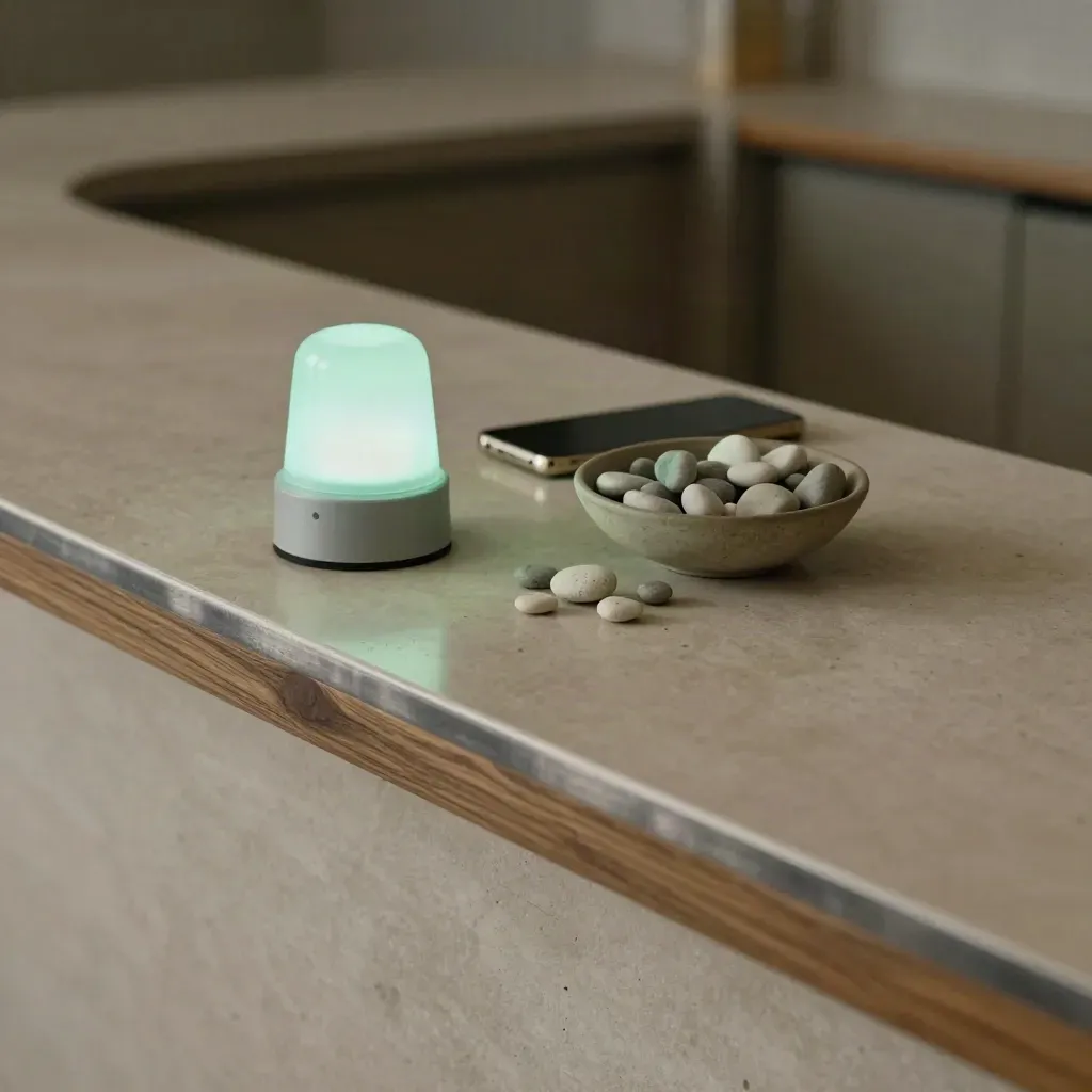 Muted service counter with alert light, face-down phone and score markers mid-shift