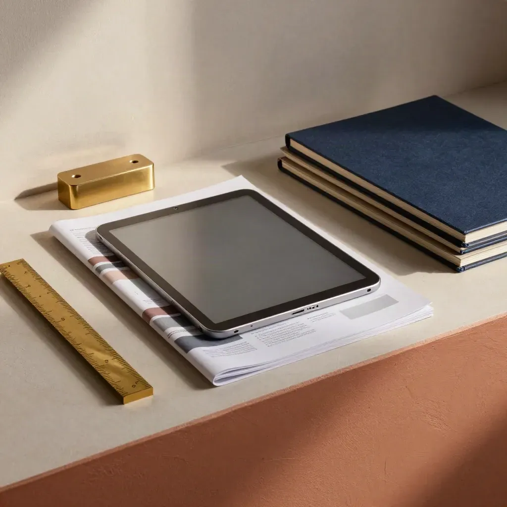 Tablet, folders, and brass paperweight on a plaster surface in dramatic light.