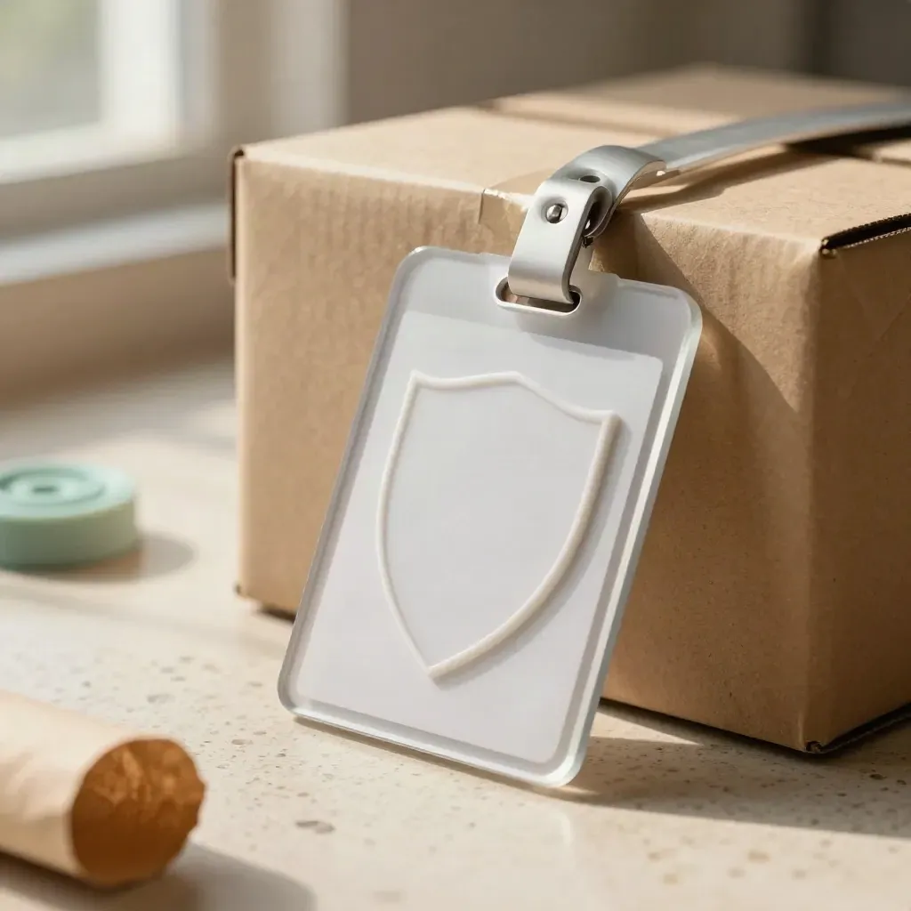 Matte acrylic trust badge plaque leaning on a parcel box with mint accent in warm window light.