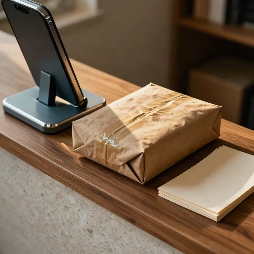 Overhead macro of a delivery counter with a phone dock, sealed parcel, and face-down reply mailers.