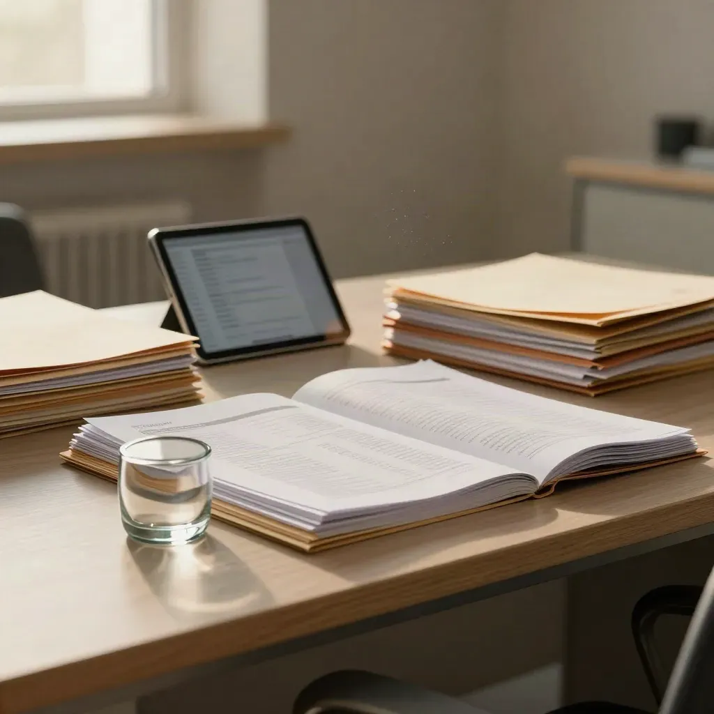 Agency review reports on a long desk with folders, angled tablet and glass paperweight