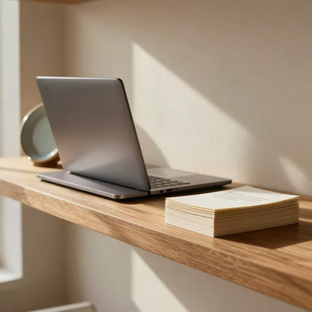 Laptop, ceramic stand, and face-down quote cards on a warm shelf in sunlit dust