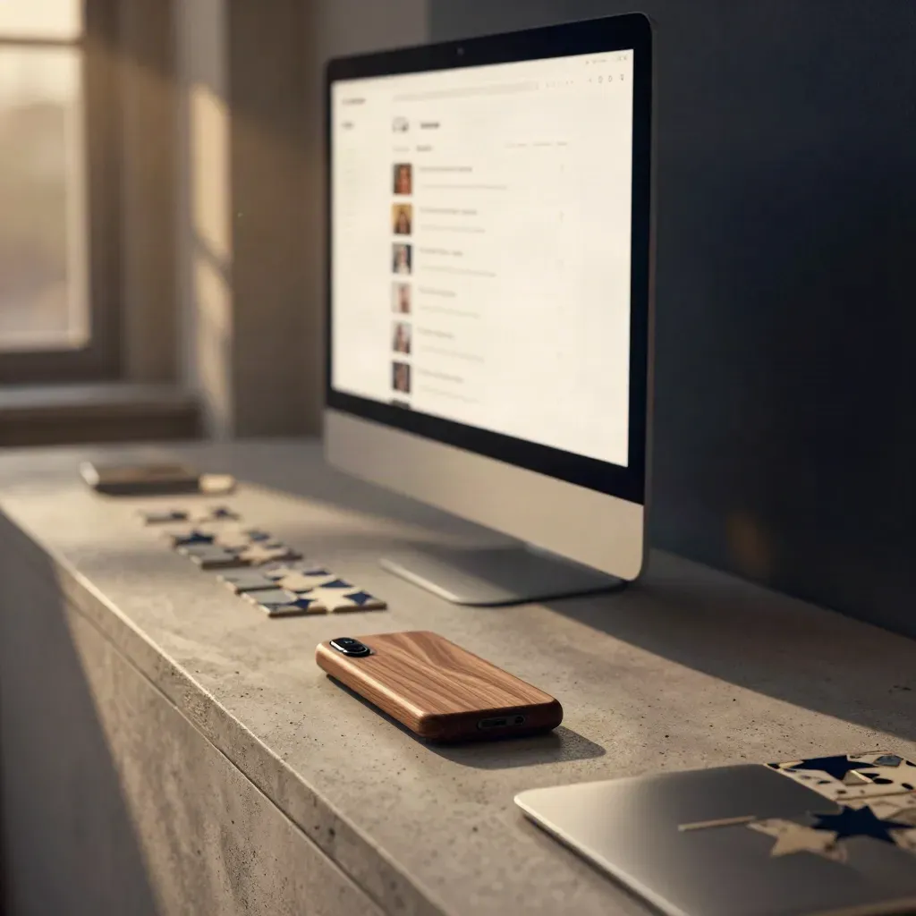 Monitor edge, phone dock, star tiles, and a soft blurred review feed glow in a cozy workspace.