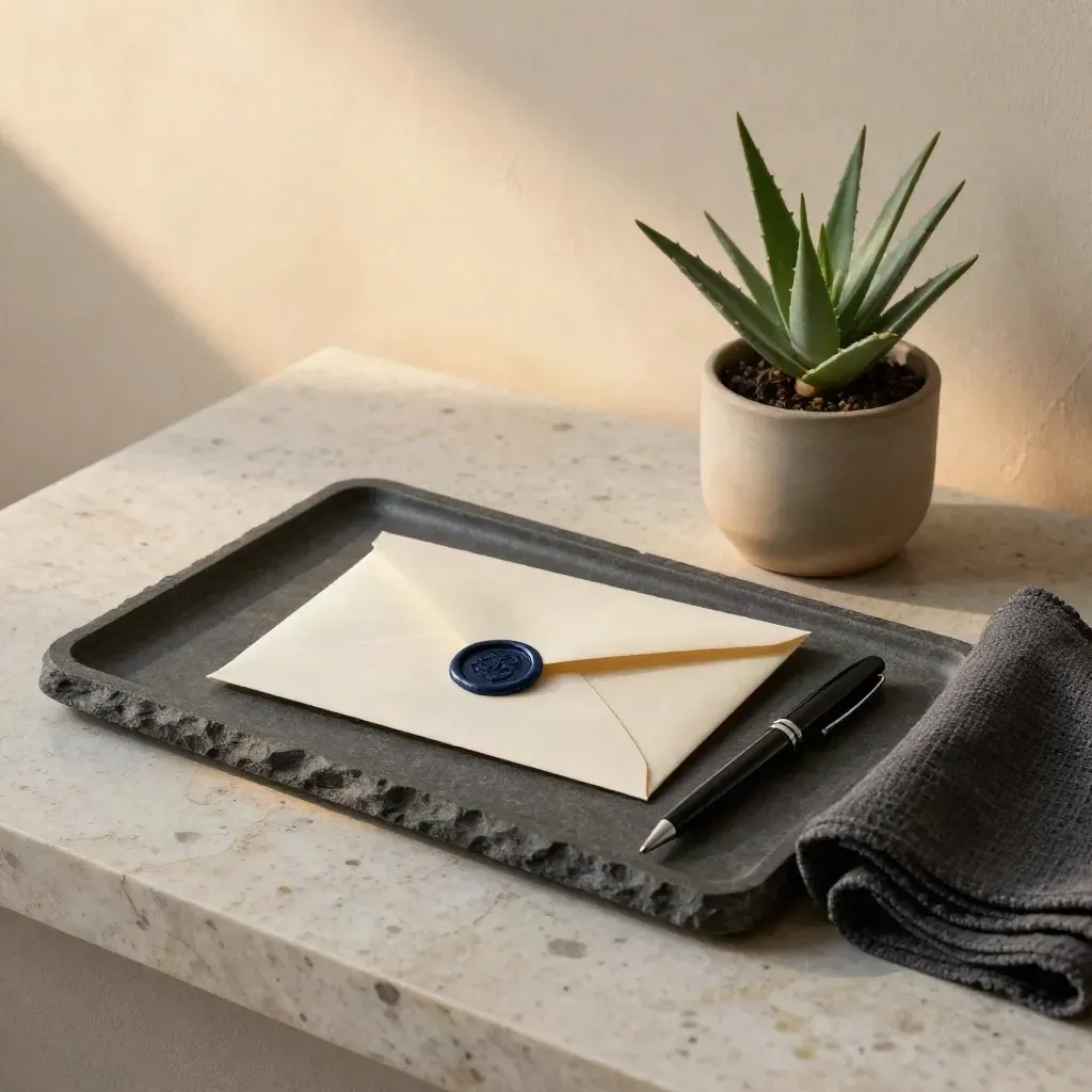 Stone tray with envelope, pen, aloe and folded cloth in soft low light.