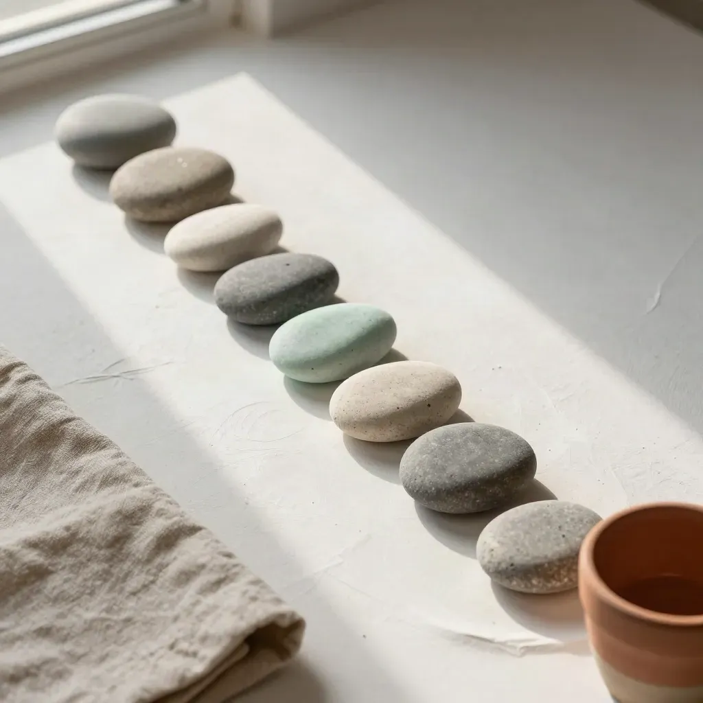 Pebble trend markers, linen and clay cup on plaster, softly lit as a rating trends still life.