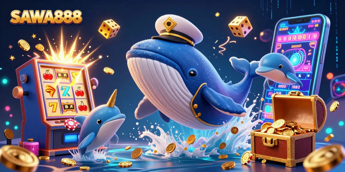 Spin and win at SAWA888 with a whale captain and golden coins bursting from a jackpot!