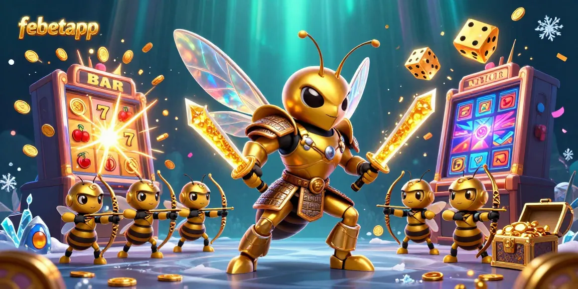 Experience thrilling wins with febetapp, featuring a golden hornet samurai amidst a slot machine jackpot explosion.