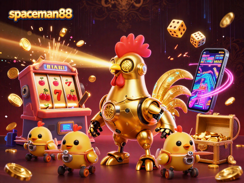 Experience winning gameplay with spaceman88 as a retro-futuristic golden rooster robot leads a dynamic casino adventure.