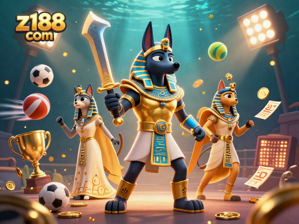 Betting on z188 com with an ultra-detailed 3D scene featuring Anubis and Bastet amidst sports elements.