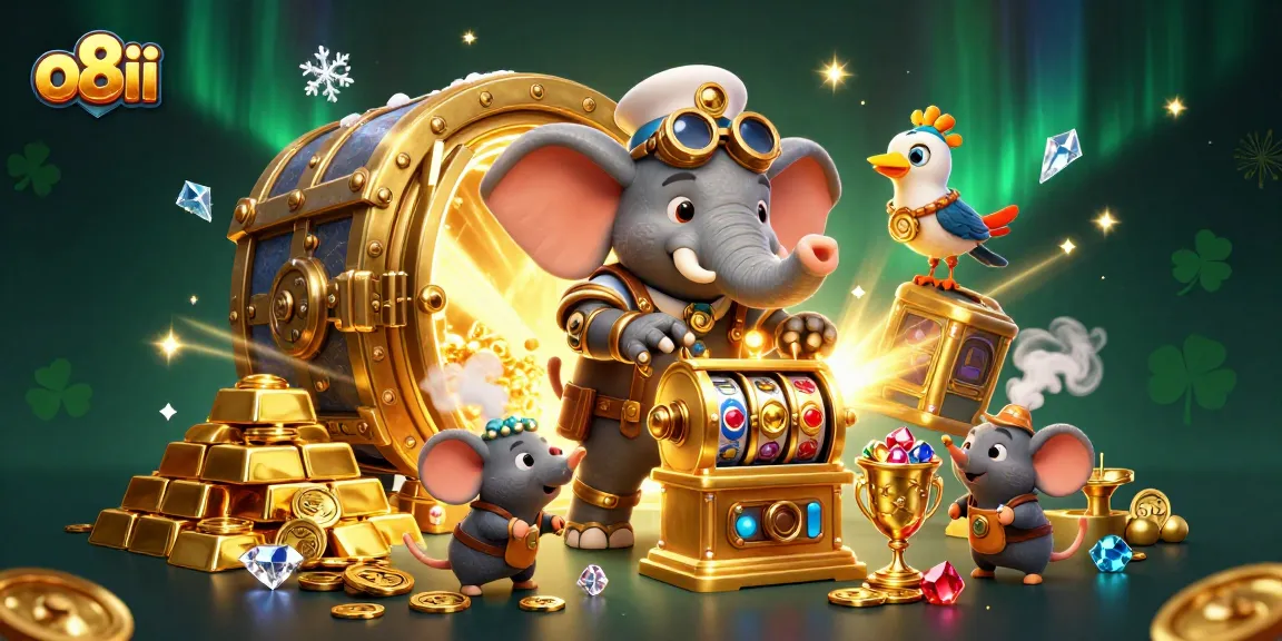 Spin jackpots at o8ii with a dynamic 3D steampunk-themed casino illustration showcasing golden treasures.