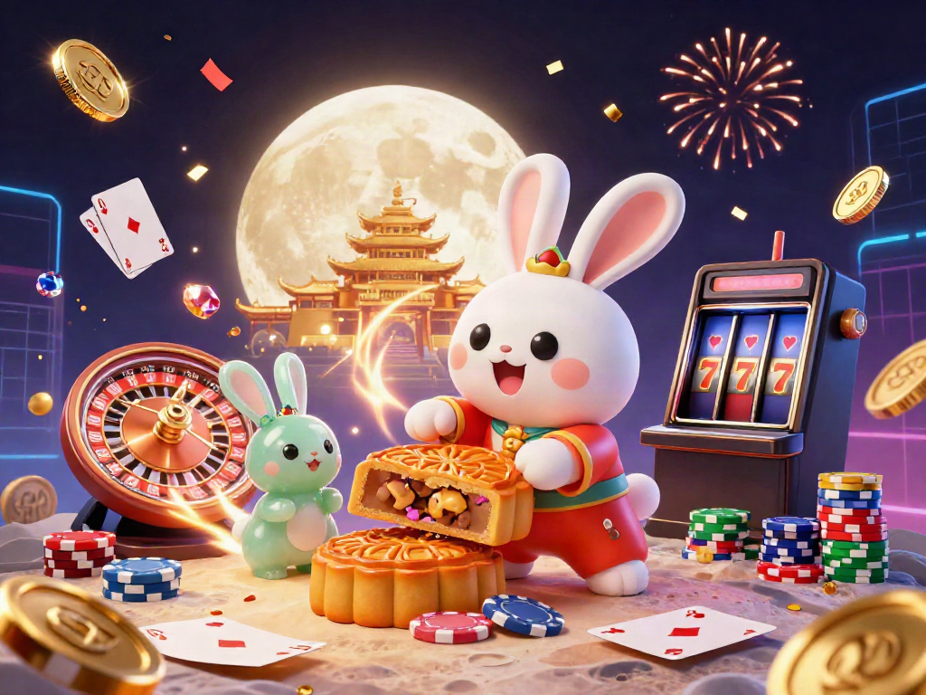 Engage with 33win's vibrant casino scene featuring moon rabbits, poker chips, and sparkling gems.