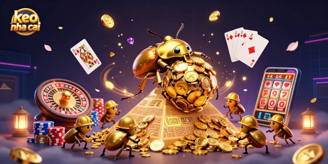 Engage with dynamic keo nha cai action, featuring a golden beetle rolling coins amidst gambling symbols.