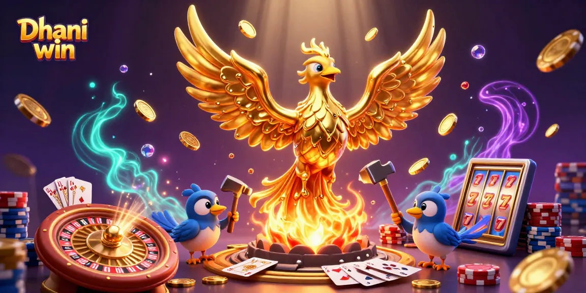 Dive into the thrilling Dhani win gaming experience with a dynamic illustration featuring a phoenix symbolizing fortune amidst a vibrant casino scene.