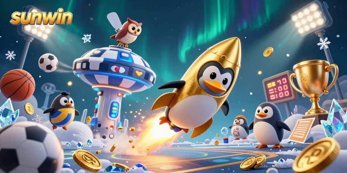 Experience thrilling gaming excitement with sunwin as a golden penguin navigates through a vibrant casino space.