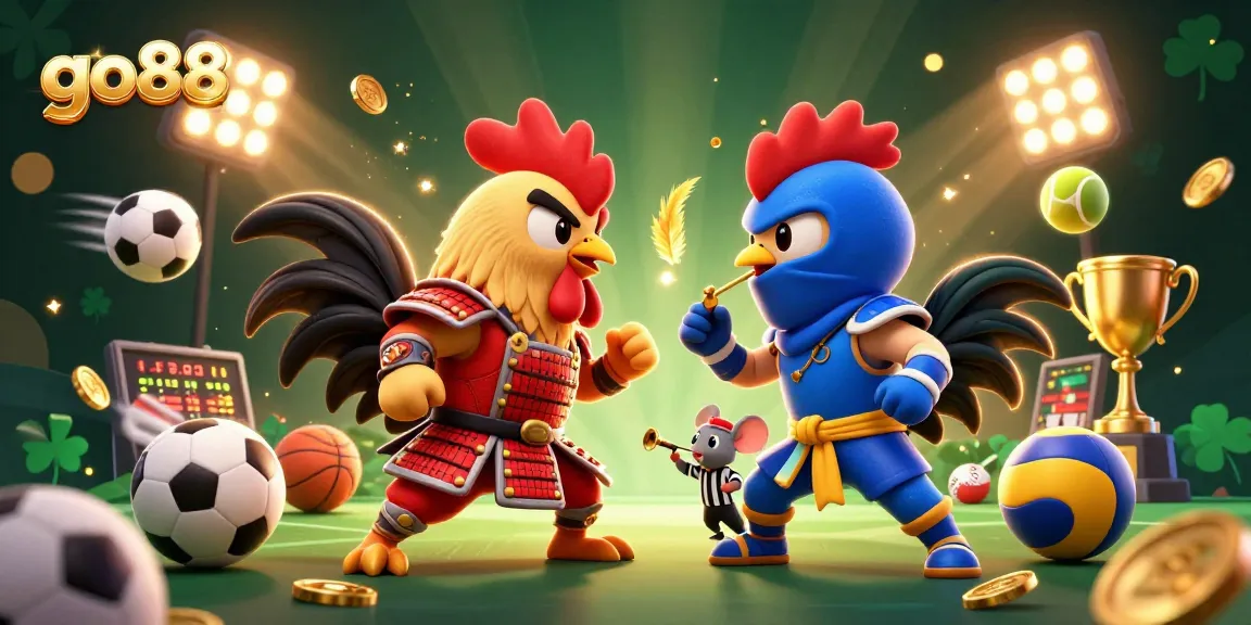 Experience go88's thrilling action with battling roosters in a vibrant casino-themed scene.