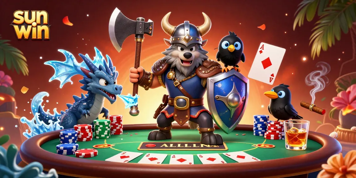Experience the thrill with sun win, featuring a Viking wolf warrior at a vibrant poker table.
