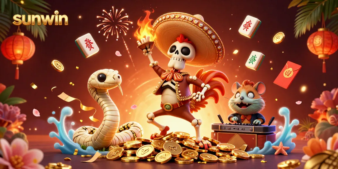 Experience the excitement of sunwin with dynamic characters celebrating with golden coins and festive decor.