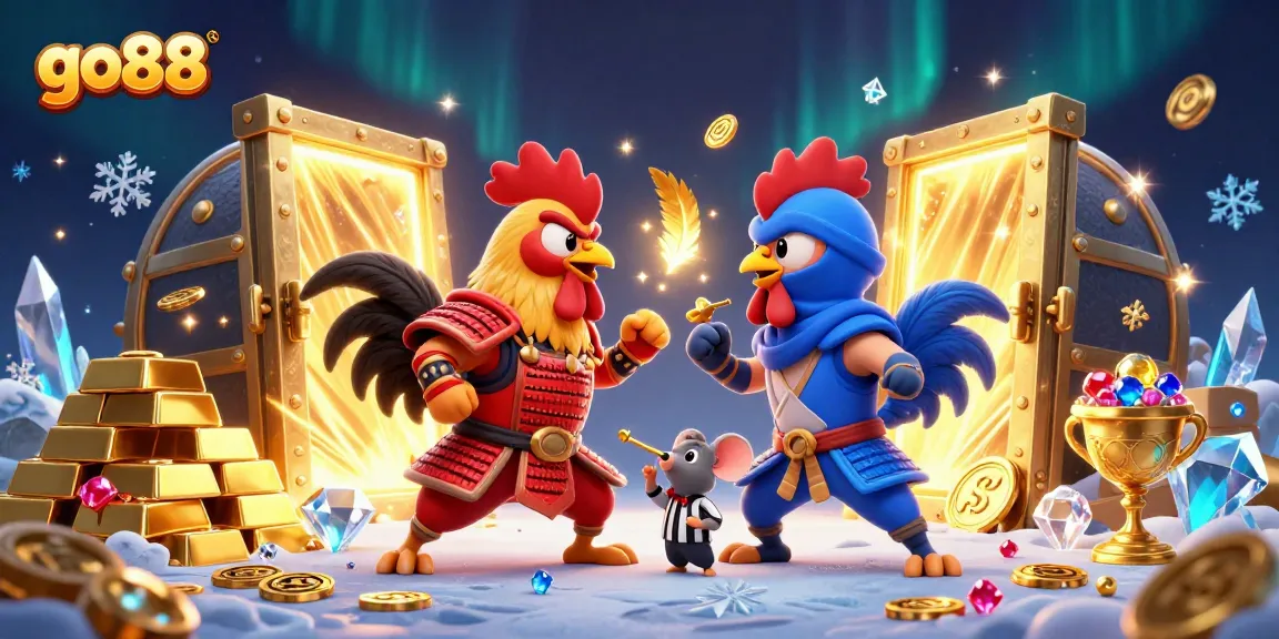 Fight with go88-themed roosters in a treasure-filled casino scene, bringing energy and excitement!
